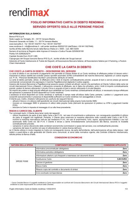Foglio Informativo Carta Di Debito Rendimax Banca Ifis
