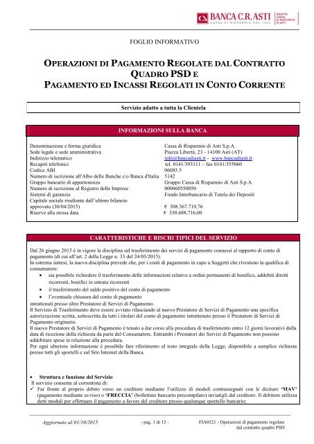 Operazioni di pagamento regolate dal contratto ... - Banca CR Asti