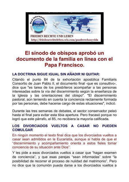 El sínodo de obispos aprobó un documento de la familia en línea con el papa Francisco