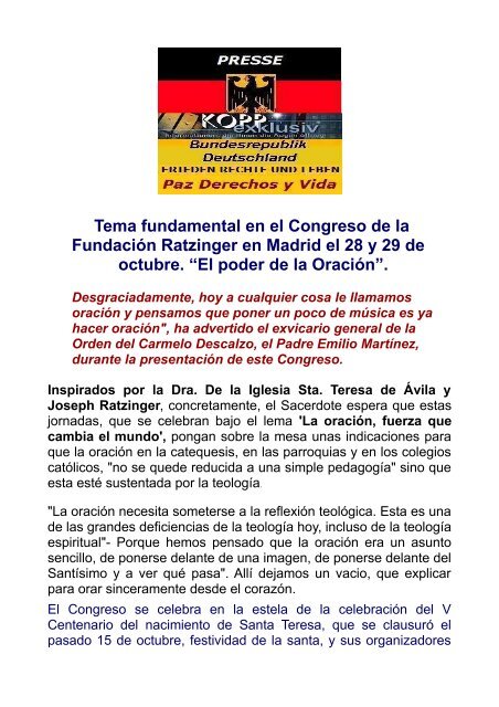 CONGRESO JOSEPH RATZINGER EN MADRID-SANTA TERESA DE AVILA Y BENEDICTO XVI.