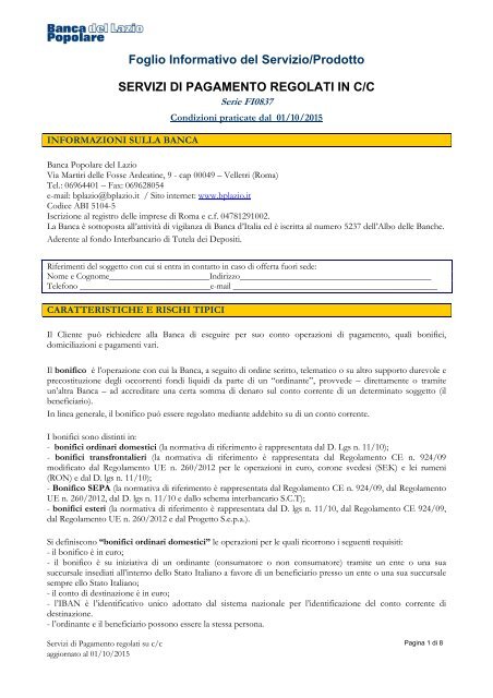 Foglio Informativo Del Servizioprodotto Servizi Di