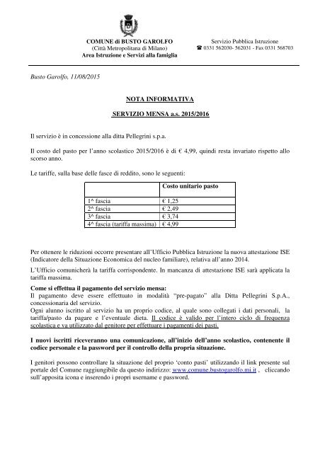 Informativa Sul Servizio Mensa 2013/2014 - Comune di Busto Garolfo