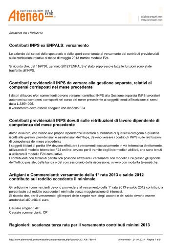 Contributi INPS ex ENPALS: versamento ... - AteneoWeb.com