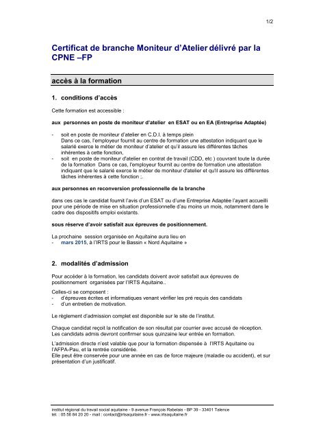 Certificat De Branche Moniteur D Atelier Delivre Par La Cpne Fp