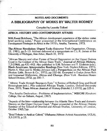 A Bibliography of Works By Walter Rodney, compiled by Laurette Telford. 