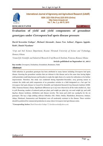 Evaluation of yield and yield components of groundnut genotypes under Cercospora leaf spots disease pressure