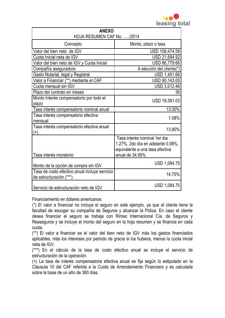 Anexos Del Contrato De Arrendamiento Financiero Leasing Total