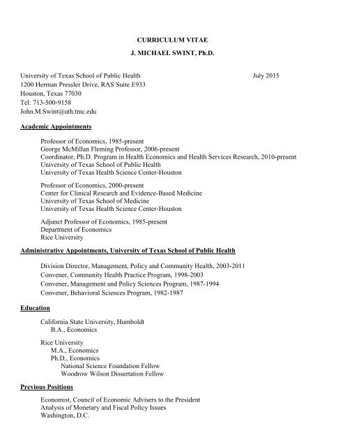 CURRICULUM VITAE J. Michael Swint, Ph.D. December 20, 2013 ...