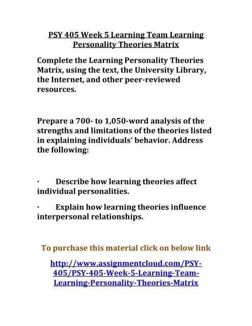 UOP PSY 405 Week 5 Learning Team Learning Personality Theories Matrix