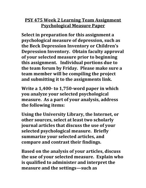UOP PSY 475 Week 2 Learning Team Assignment Psychological Measure Paper