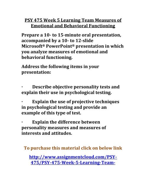 UOP PSY 475 Week 5 Learning Team Measures of Emotional and Behavioral Functioning