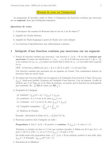 1 Intégrale d’une fonction continue par morceaux sur un segment