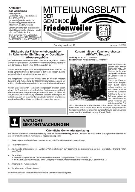 Amtsblatt der Gemeinde Rückgabe der ... - Friedenweiler