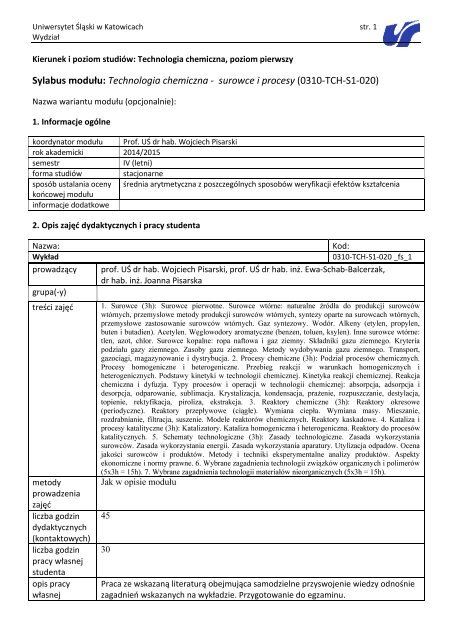 Sylabus modułu Technologia chemiczna - surowce i procesy (0310-TCH-S1-020)