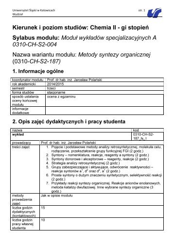 Kierunek i poziom studiÃ³w: Chemia II - Uniwersytet ÅlÄski