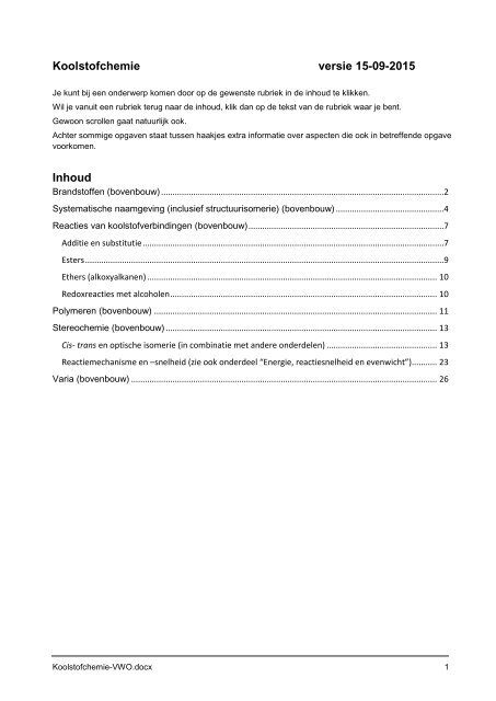 Koolstofchemie versie 15-09-2015 Inhoud