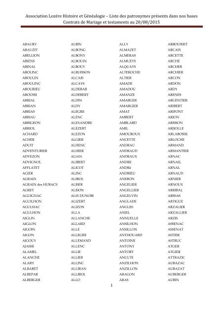 Liste des 3634 patronymes compris dans les ... - LozÃ¨re - Histoire