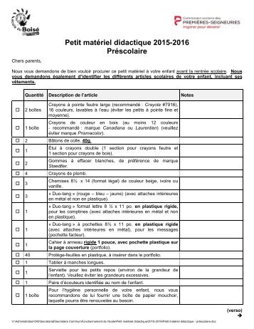 Petit matériel didactique 2015-2016 Préscolaire