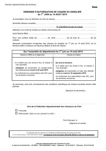 Demande d'autorisation de chasse du sanglier du 1er juin au 14 aoÃ»t