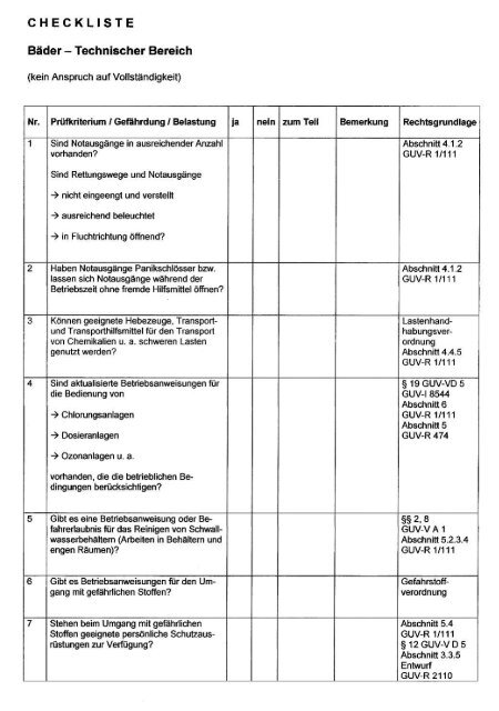 Checkliste: Bäder Technischer Bereich