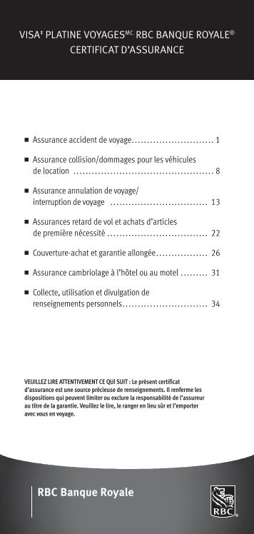 VISA PLATINE VOYAGES RBC BANQUE ROYALE CERTIFICAT D’ASSURANCE