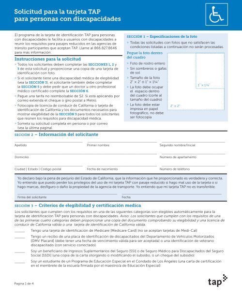 Solicitud para la tarjeta TAP para personas con discapacidades Solicitud para la tarjeta TAP para personas con discapacidades