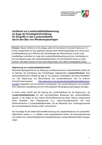 Verfahren zur Landschaftsbildbewertung im Zuge der Ersatzgeld-Ermittlung für Eingriffe in das Landschaftsbild durch den Bau von Windenergieanlagen