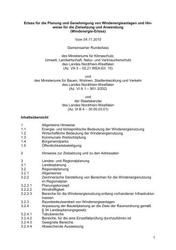 NRW Erlass für die Planung und Genehmigung von Windenergieanlagen und Hinweise für die Zielsetzung und Anwendung (Windenergie-Erlass)