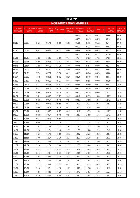 LÍNEA 22 HORARIOS DÍAS HÁBILES