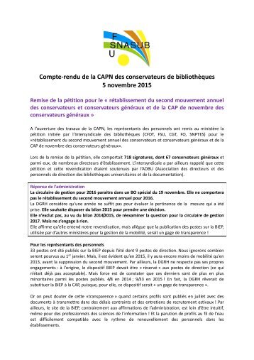 Compte-rendu de la CAPN des conservateurs de bibliothèques 5 novembre 2015