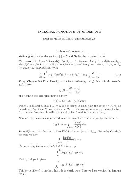 INTEGRAL FUNCTIONS OF ORDER ONE 1. Jensen's formula Write ...