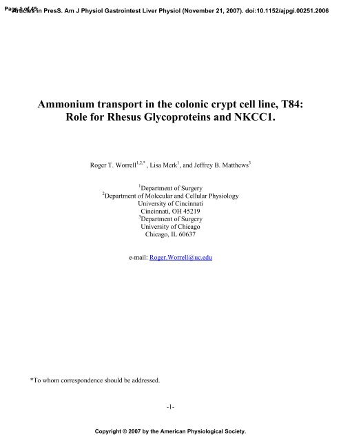 Ammonium transport in the colonic crypt cell line, T84: Role for ...