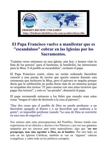 PAPA FRANCISCO VUELVE A EXPRESAR-PARROCOS NO DEBEN COBRAR LOS BAUTIZOS NI MATRIMONIOS