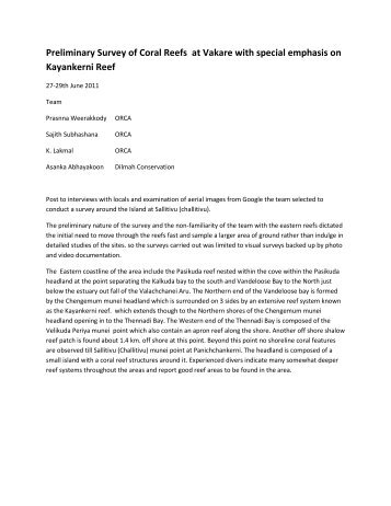 Preliminary Survey of Coral Reefs  at Vakare with special emphasis on Kayankerni Reef