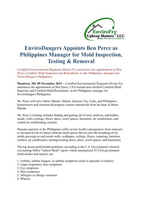 EnviroDangers Appoints Ben Perez as Philippines Manager for Mold Inspection, Testing & Removal