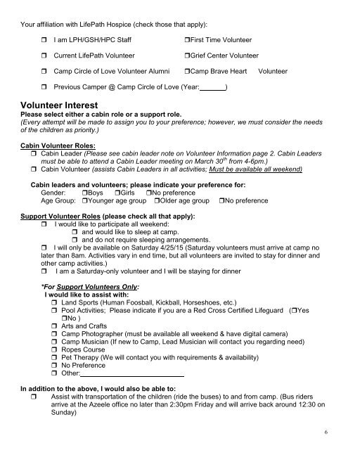 Camp Circle of Love Volunteer Application - Chapters Health System