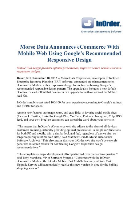 Morse Data Announces eCommerce With Mobile Web Using Google’s Recommended Responsive Design