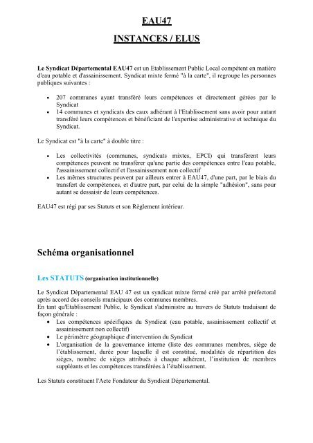 EAU47 INSTANCES / ELUS Schéma organisationnel