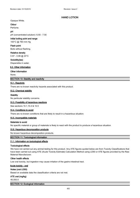 SAFETY DATA SHEET HAND LOTION