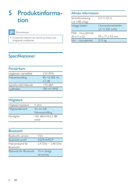 Philips altoparlante wireless portatile - Istruzioni per l'uso - SWE