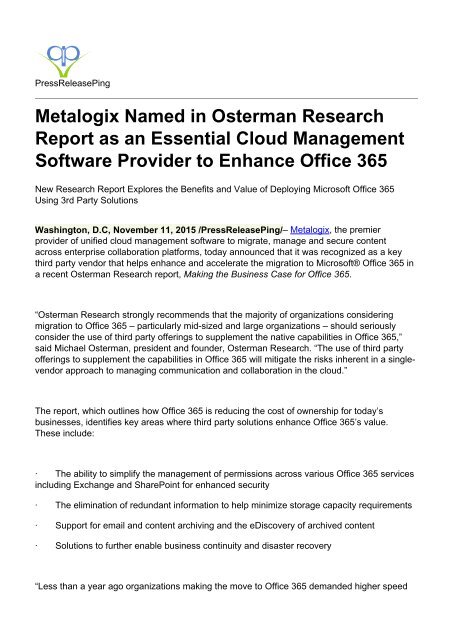 Metalogix Named in Osterman Research Report as an Essential Cloud Management Software Provider to Enhance Office 365