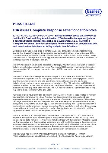 PRESS RELEASE FDA issues Complete ... - Basilea Pharmaceutica