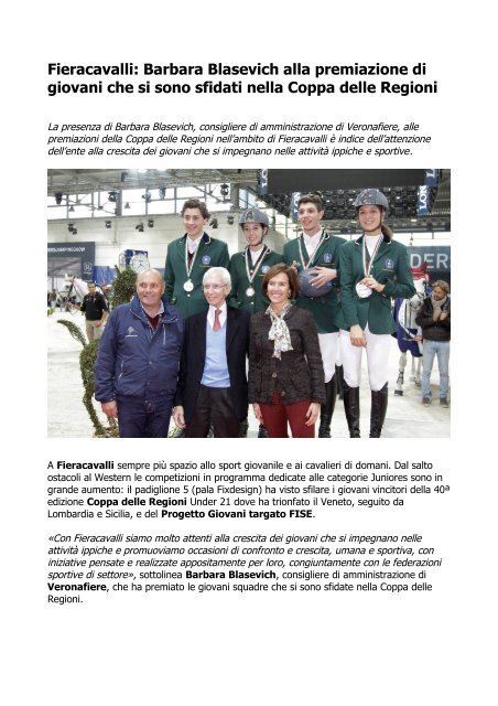 Fieracavalli Barbara Blasevich alla premiazione di giovani nella Coppa delle Regioni 