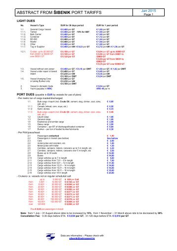 ABSTRACT FROM ŠIBENIK PORT TARIFFS