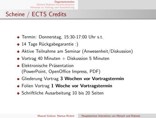 Hauptseminar Interaktion von Mensch und Roboter - TUM