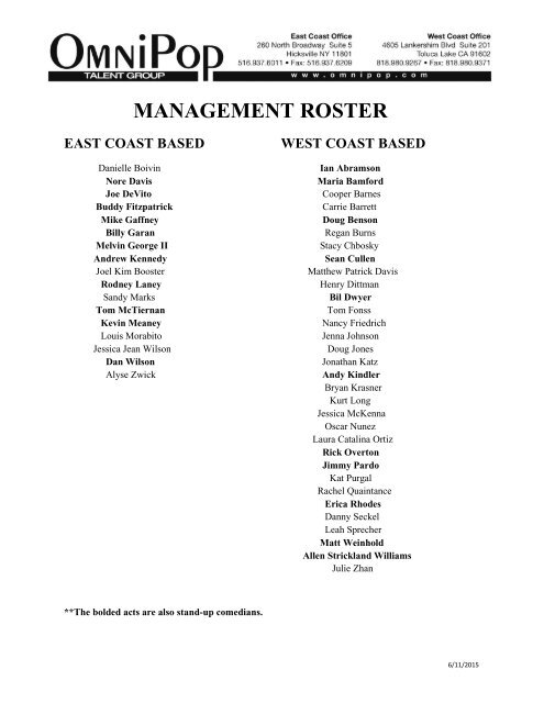 Management Wanted Roster MANAGEMENT ROSTER