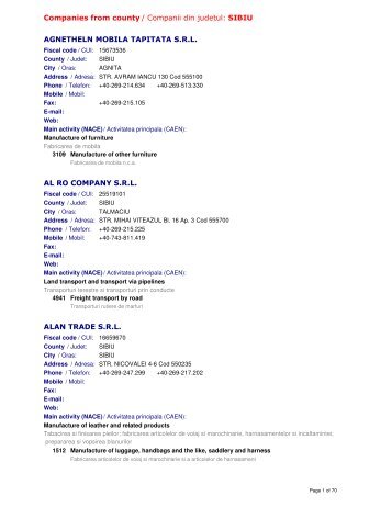 Companies from county / Companii din judetul: SIBIU AGNETHELN ...