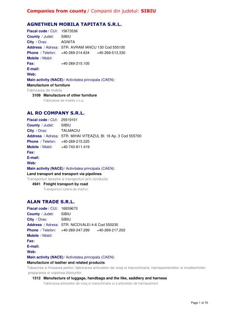 Companies from county / Companii din judetul: SIBIU AGNETHELN ...