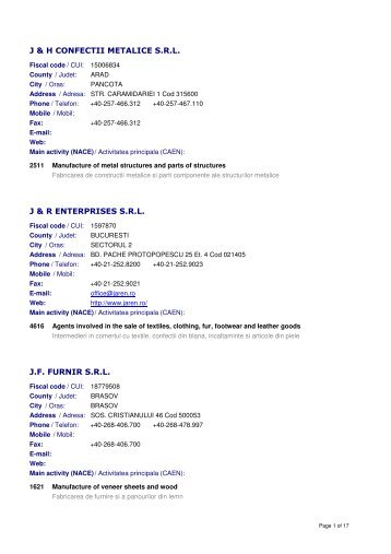 J & H CONFECTII METALICE S.R.L. J & R ENTERPRISES ...