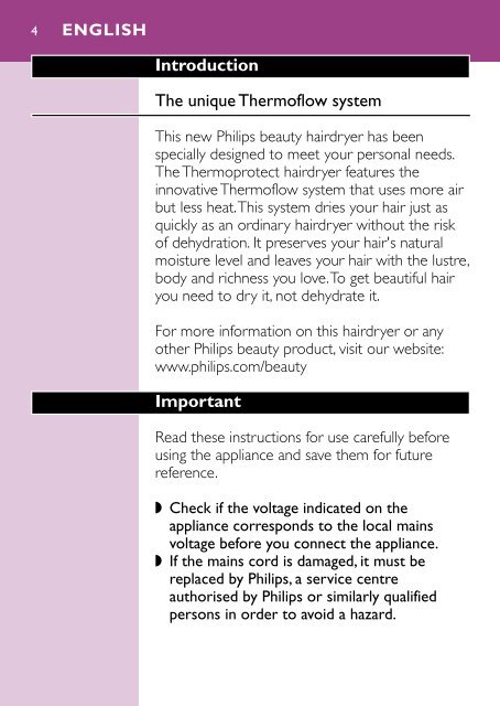 Philips Asciugacapelli - Istruzioni per l'uso - ESP